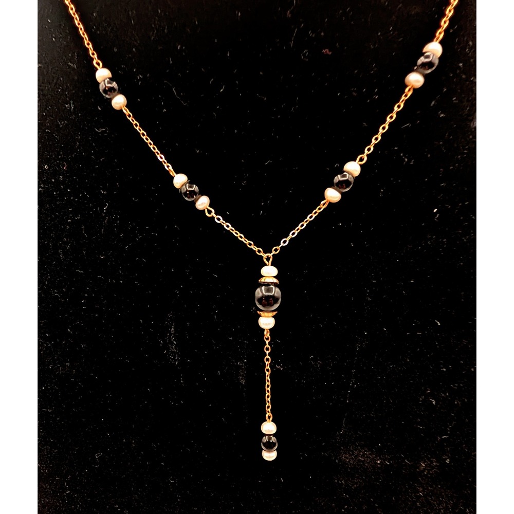 Vintage 14KT Yellow Gold Black Onyx and Pearl Y-Necklace Drop Pendant 14K